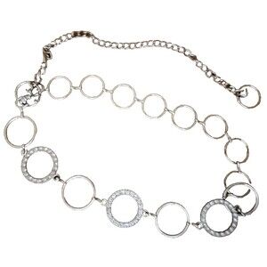 Belly Belt Chain‎ Link Metal Rhinestone Jewel Silver Circle Body Waist Hip Y2K